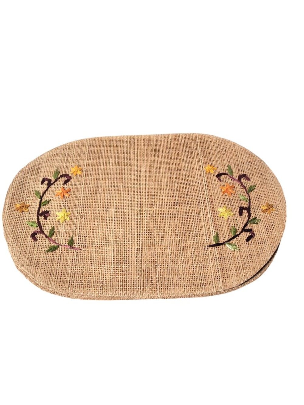 Placemats Set 4 Handmade Hemp Fiber Oval Floral Embroidery Philippines 19" x 13"